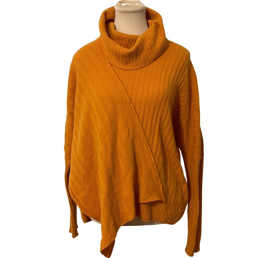 Lafayette 148 New York Orange Ribbed Turtleneck Asymmetrical Wool Sweater Medium